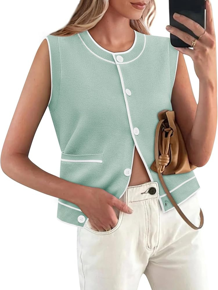 Yousify Womens Knit Tank Tops 2025 Summer Sleeveless Sweater Vest Round Neck Button Down Casual C... | Amazon (US)
