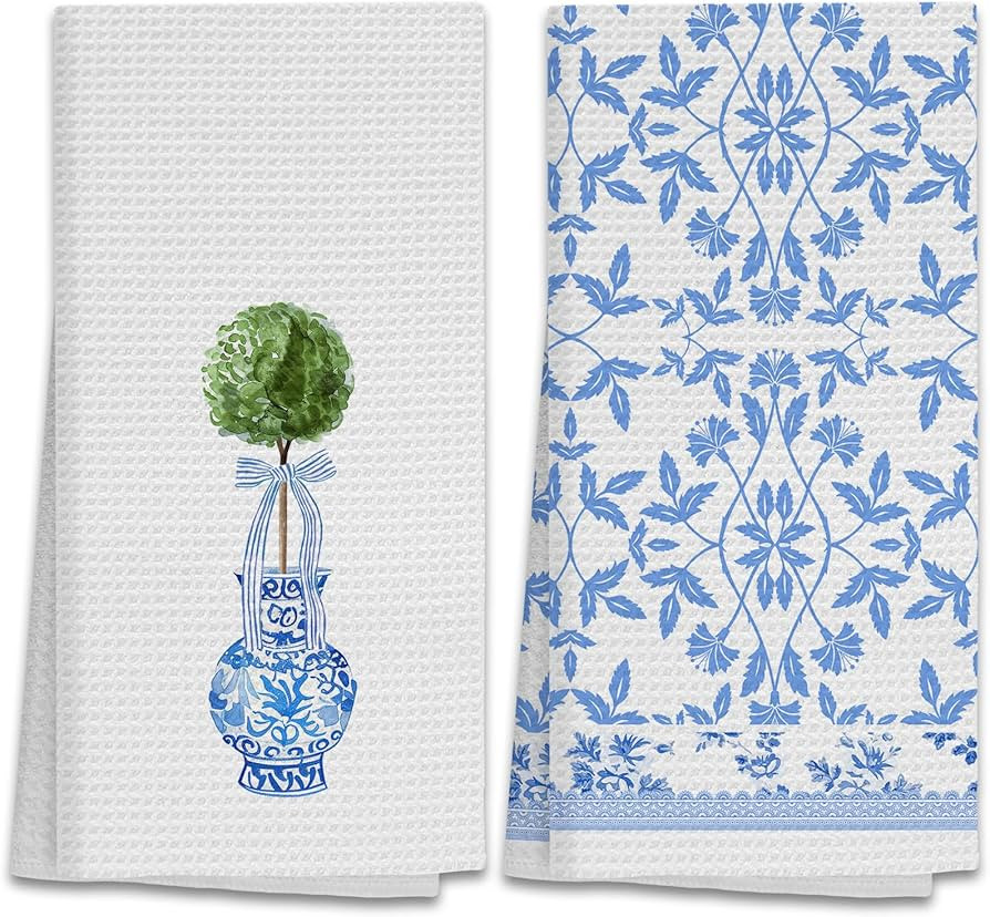 Chinoiserie Decor Kitchen Towels Set of 2, Blue and White Porcelain Dish Towels, Blue Floral Hand... | Amazon (US)