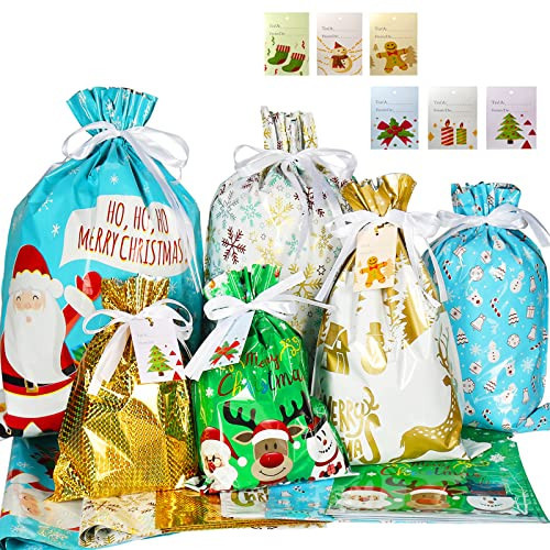 HRX Package Holiday Drawstring Gift Bags with Tags, 30pcs Christmas Foil Gift Wrapping Sacks Pouches for Xmas Presents Party Favor | Amazon (US)