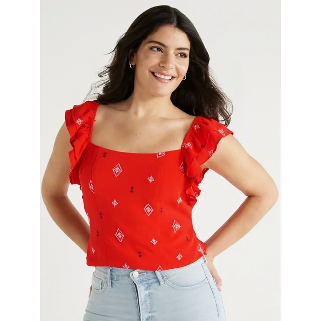 Sofia Jeans Women's and Women's Plus Double Ruffle Embroidered Top, Sizes XS-5X | Walmart (US)
