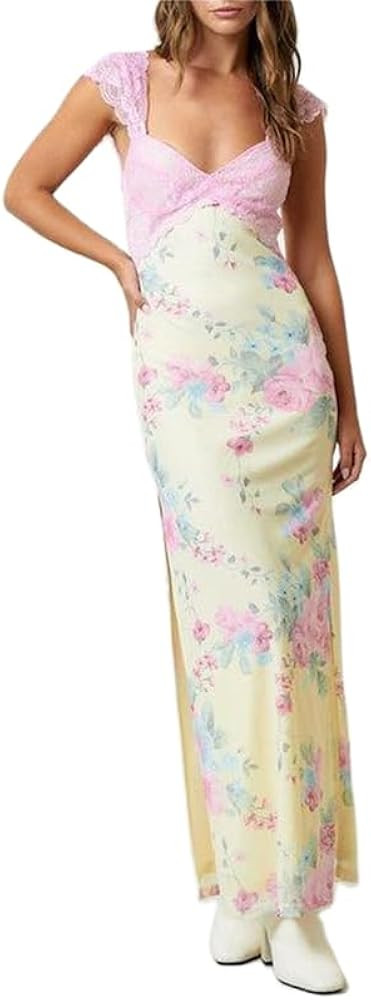 Women Lace Patchwork Floral Maxi Dress Y2k Sleeveless Deep V Neck Long Dress Printed Backless Mes... | Amazon (US)