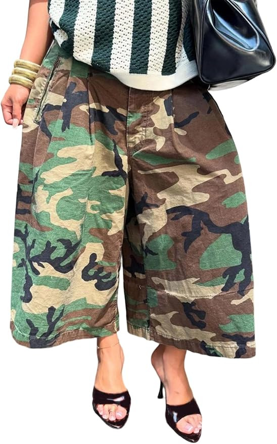 Kwunbwa Women Baggy Camo Cargo Pants High Waist Wide Leg Camouflage Barrel Jeans Bermuda Jean Tro... | Amazon (US)
