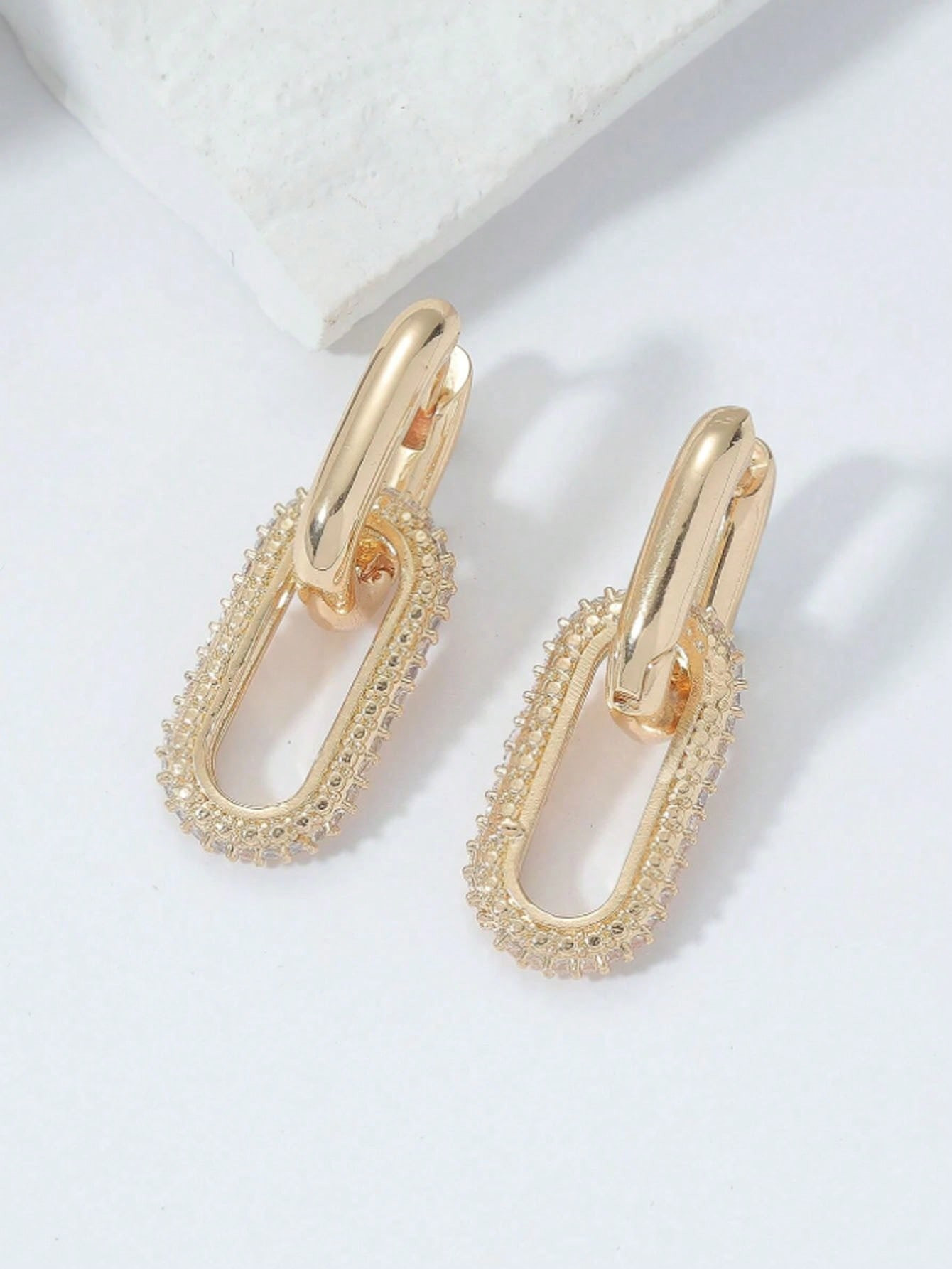 1pair Fashionable Double-Ring Copper Buckle Earrings Oval-Shaped Rhinestone Earrings Gold-Color P... | SHEIN