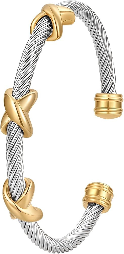 Multi Twisted Cable Wire Cuff Bracelet for Women, Classic Stainless Steel Two Tone Fashion Stacka... | Amazon (US)