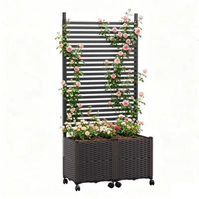 68.9 Inch Tall PE Planter Box with Trellis Brown Lockable Wheels Drain Plug Climbing Plants Privacy Screen Patio Backyard Balcony | Wayfair North America