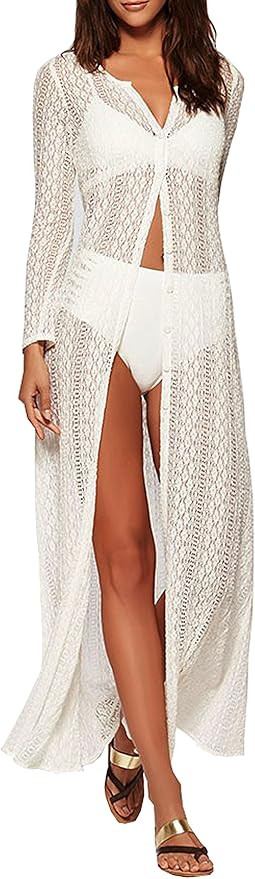 Wander Agio Womens Bikini Cover Ups Beach Coverup Swimsuits Sunscreen Long Covers All Lace White | Amazon (US)