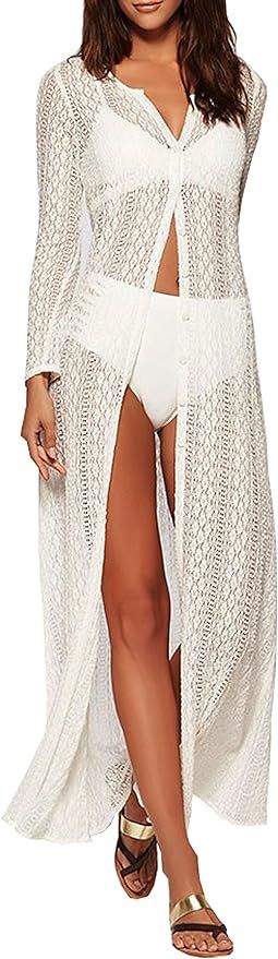 Wander Agio Womens Bikini Cover Ups Beach Coverup Swimsuits Sunscreen Long Covers All Lace White | Amazon (US)