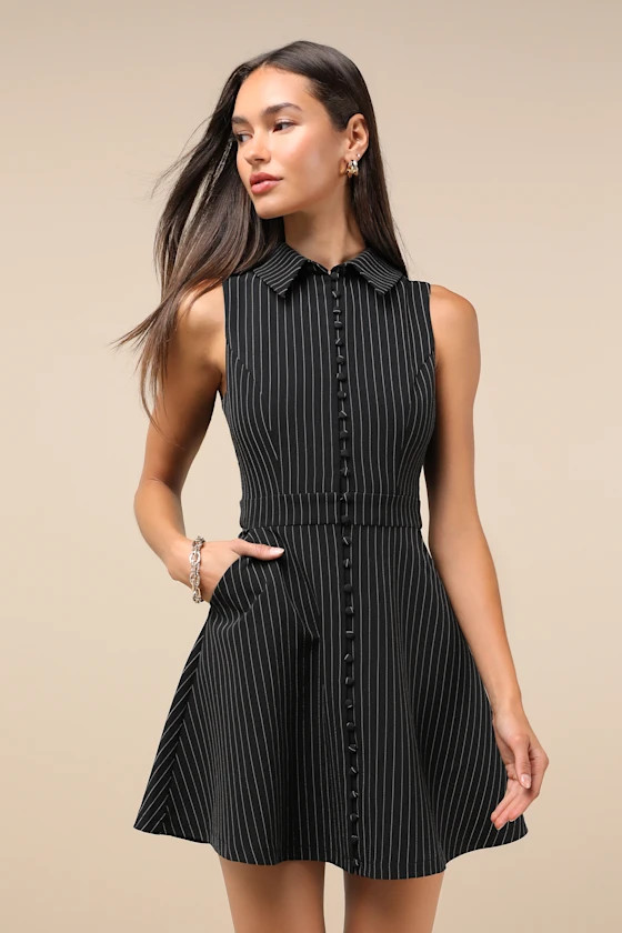 Totally Poised Black Pinstriped Collared Mini Dress With Pockets | Lulus
