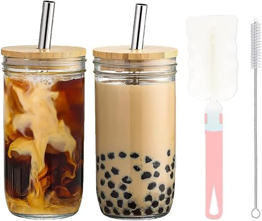 Mason Jar with Lid and Straw, Iced Coffee Cups 2 Pack 24 oz, Reusable Wide Mouth Smoothie Cups, C... | Amazon (US)