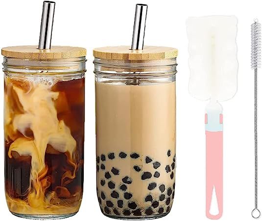 Amazon.com: Mason Jar with Lid and Straw, Iced Coffee Cups 2 Pack 24 oz, Reusable Wide Mouth Smoo... | Amazon (US)