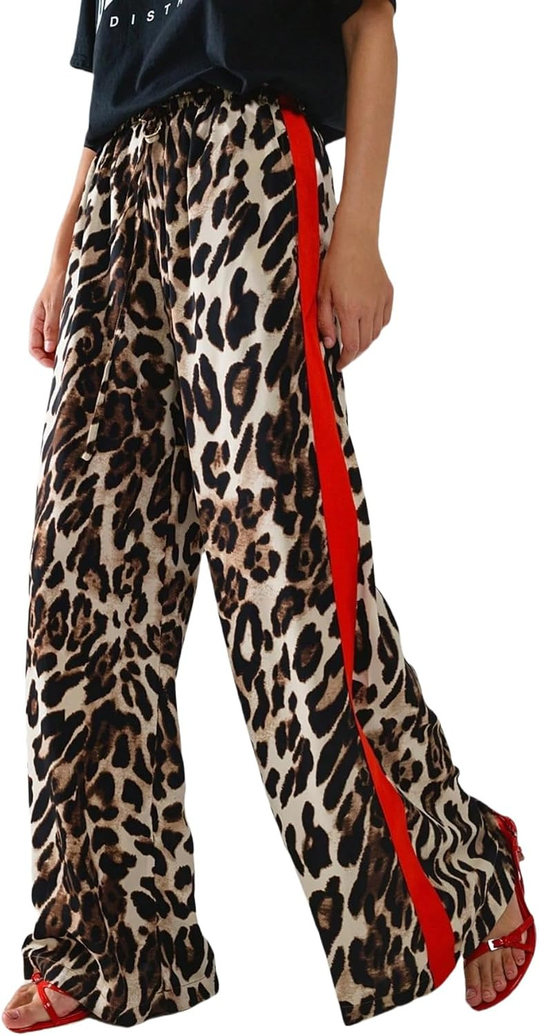 Women's Drawstring Leopard Side Striped Wide Leg Casual Pants | Amazon (US)