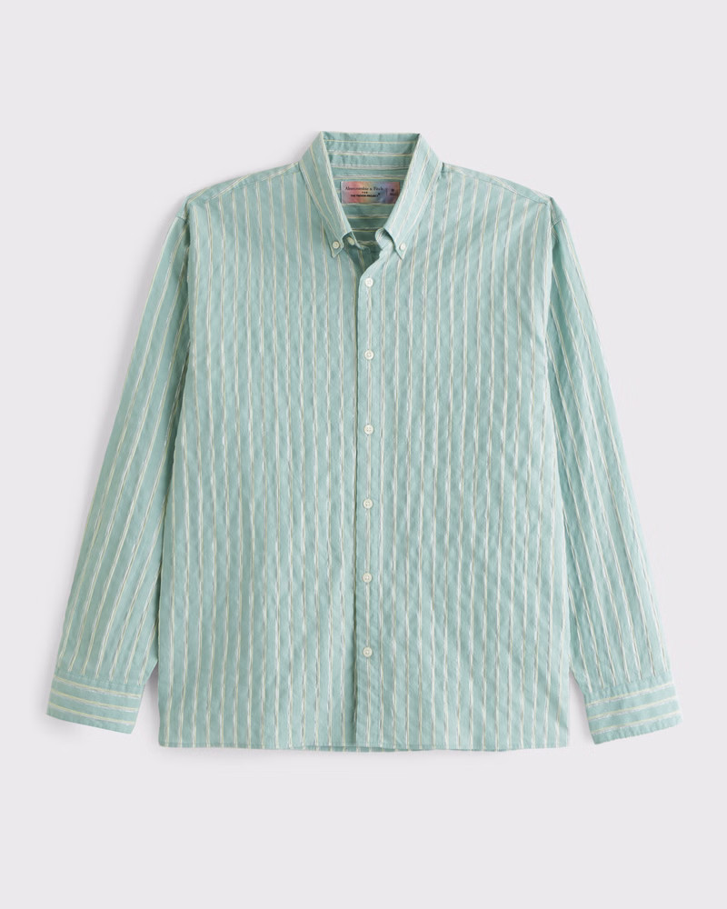 Abercrombie & Fitch Men's Pride Long-Sleeve Striped Button-Up Shirt in Light Green Stripe - Size XXS | Abercrombie & Fitch (US)