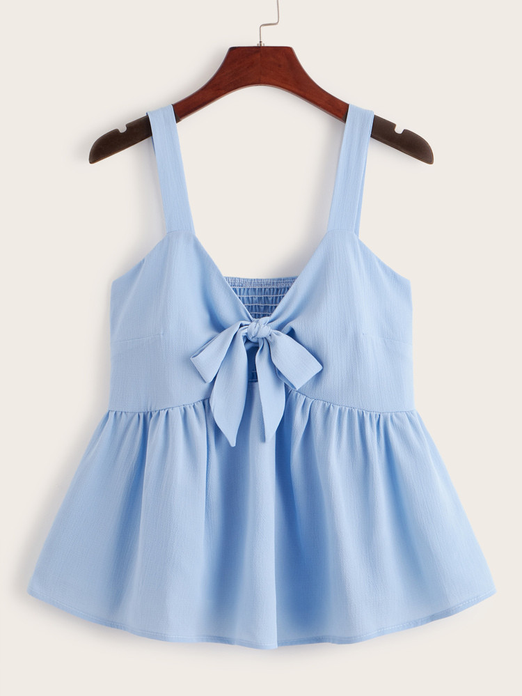 Tie Front Shirred Peplum Top | SHEIN