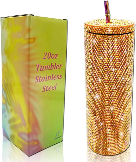20oz Bling Diamond Tumbler with Lid and Straw Studded Skinny Tumbler Stainless Steel Vacuum Insul... | Amazon (US)