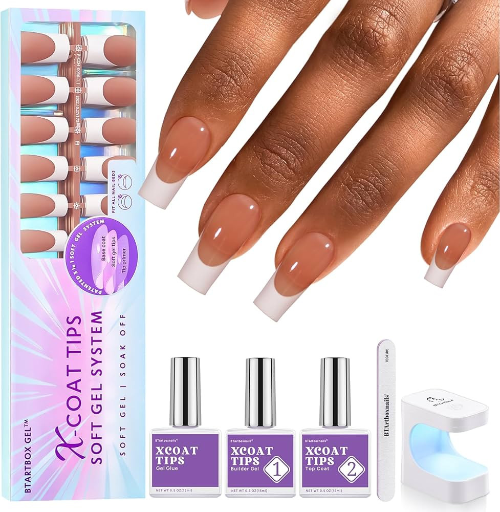 BTArtboxnails XCOATTIPS French Tip Nail Kit - Long Square Brown French Nail Tips with Nail Gel, F... | Amazon (US)
