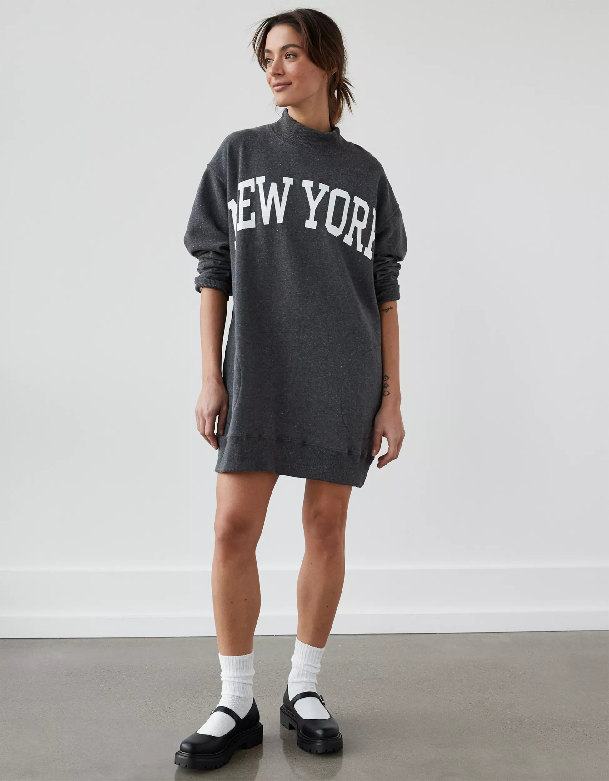 AE Oversized Fleece Mock Neck City Graphic Mini Dress | American Eagle Outfitters (US & CA)