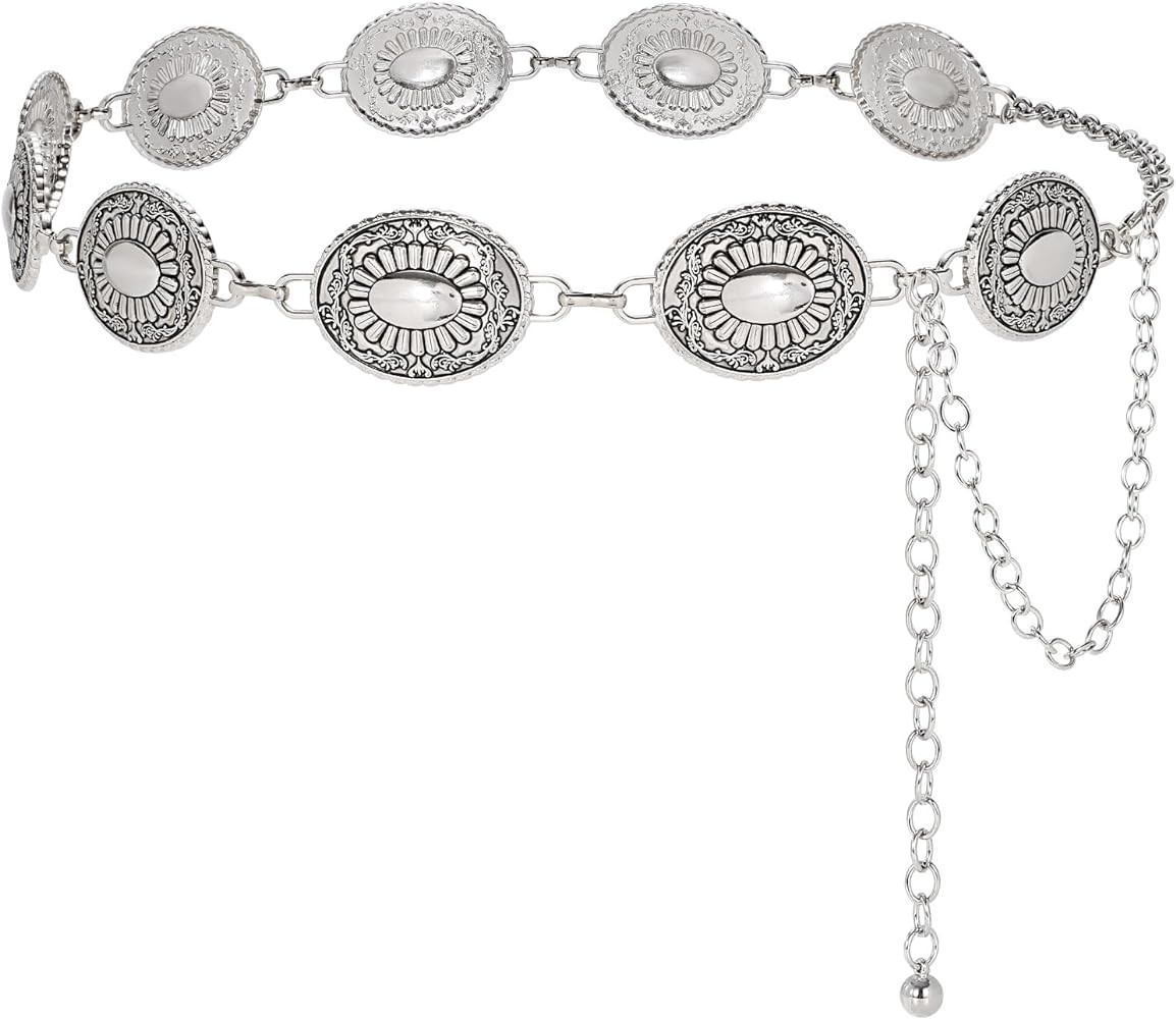 WERFORU Women Western Concho Metal Chain Belt Cowgirl Boho Waist Belt for Dress Jeans | Amazon (US)