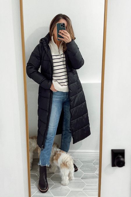 Winter outfit with black puffer coat, lug sole boots, stripe half zip sister and one of my most worn jeans (tts) (rest of pieces are similar styles)

#LTKSeasonal #LTKshoecrush #LTKsalealert
