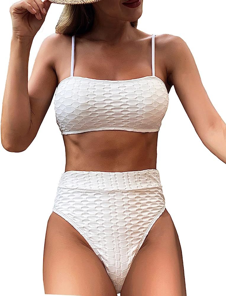 YELAIVP Women's Bandeau High Waisted Bikini Swimsuits High Cut Padded Two Pieces Bathing Suit | Amazon (US)