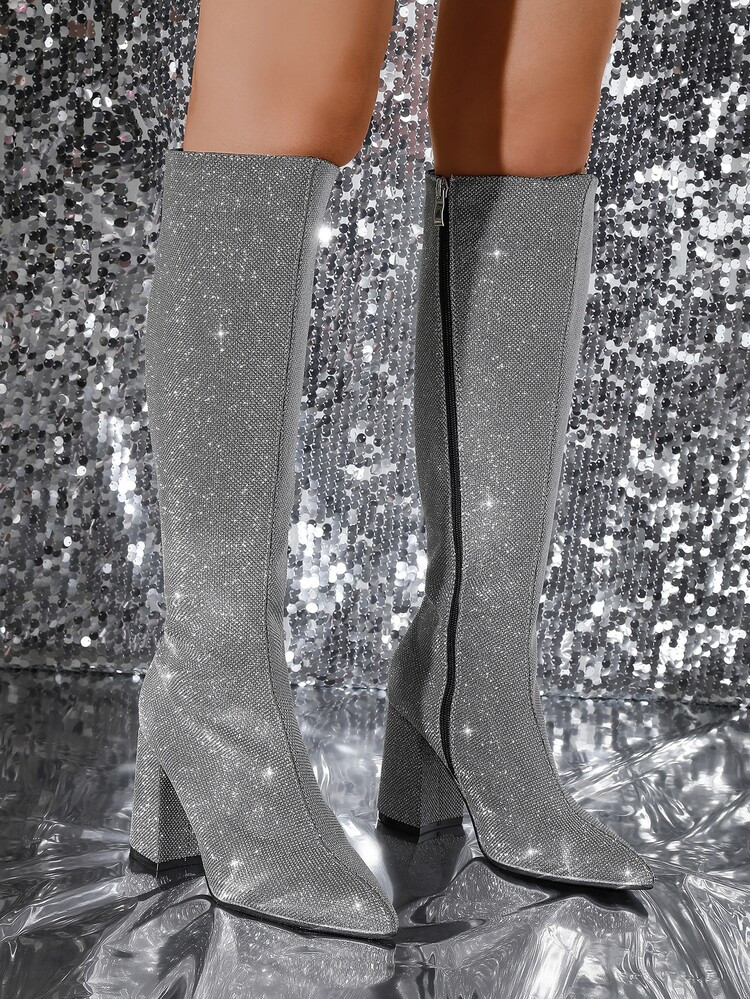 Glitter Point Toe Chunky Heeled Classic Boots | SHEIN