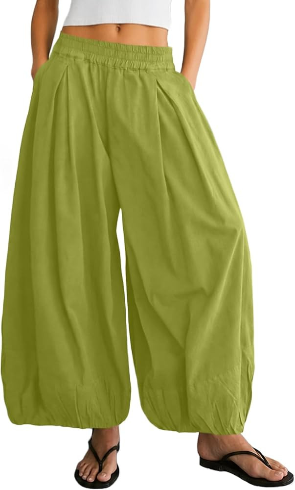 Womens Balloon Pants Wide Leg Barrel Pants Baggy Trousers Elastic Waist Casual Lounge Travel Pant... | Amazon (US)