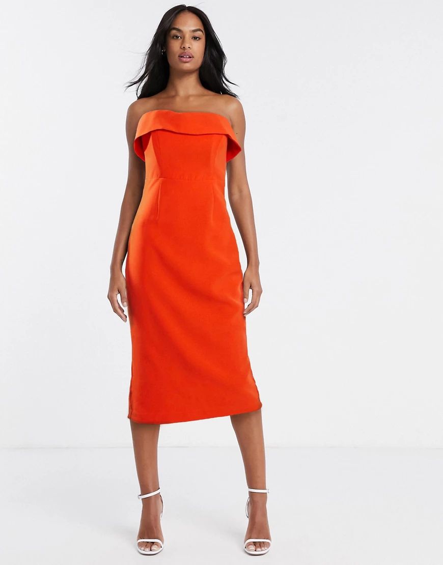 Bardot midi pencil bandeau dress in right orange | ASOS (Global)