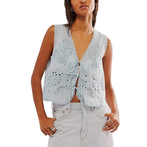 Women FP Dupes Tie Front Vest Floral Eyelet Embroidered Tank Frees Y2K Sleeveless People Dup ES V Neck Crop Shirt Top Cute Summer Going Out Tops Blue | Amazon (US)