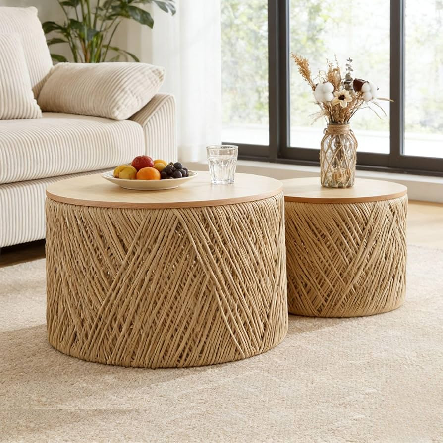 Nesting Table Set of 2 Round Wooden Coffee Tables Rustic Woven Center Table for Living Room Bedro... | Amazon (US)