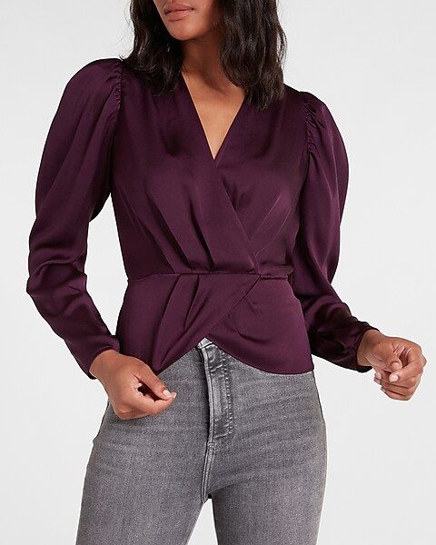 Satin Faux Wrap Front Peplum Top | Express