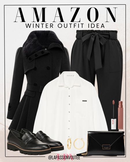 Step into winter sophistication with Amazon's ensemble: a tailored coat layered over a stylish long sleeve shirt, paired with on-trend paperbag pants and classic loafers. Complete the look with a chic crossbody bag and statement earrings. Effortlessly blend comfort and style this season. 

#LTKHoliday #LTKSeasonal #LTKstyletip