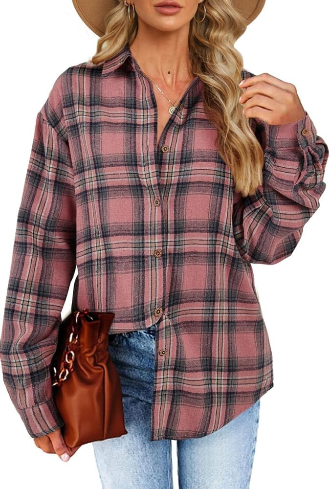 Womens Long Sleeve Plaid Shirts Flannel Collared Button Down Shackets Casual Rolled Up Boyfriend ... | Amazon (US)