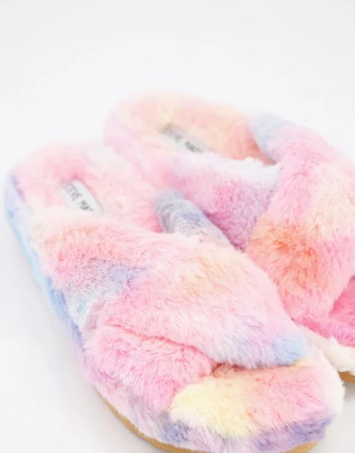 Steve Madden Fuzed fluffy cross strap slippers in rainbow | ASOS | ASOS (Global)