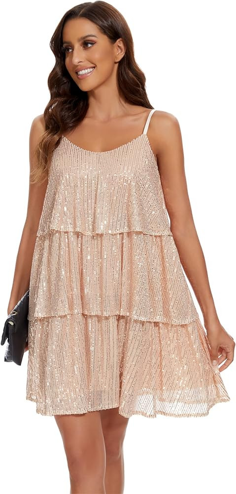 Women's Glitter Sequin Dress Adjustable Spaghetti Strap V Neck Fashion Sparkle Layered Evening Pa... | Amazon (US)