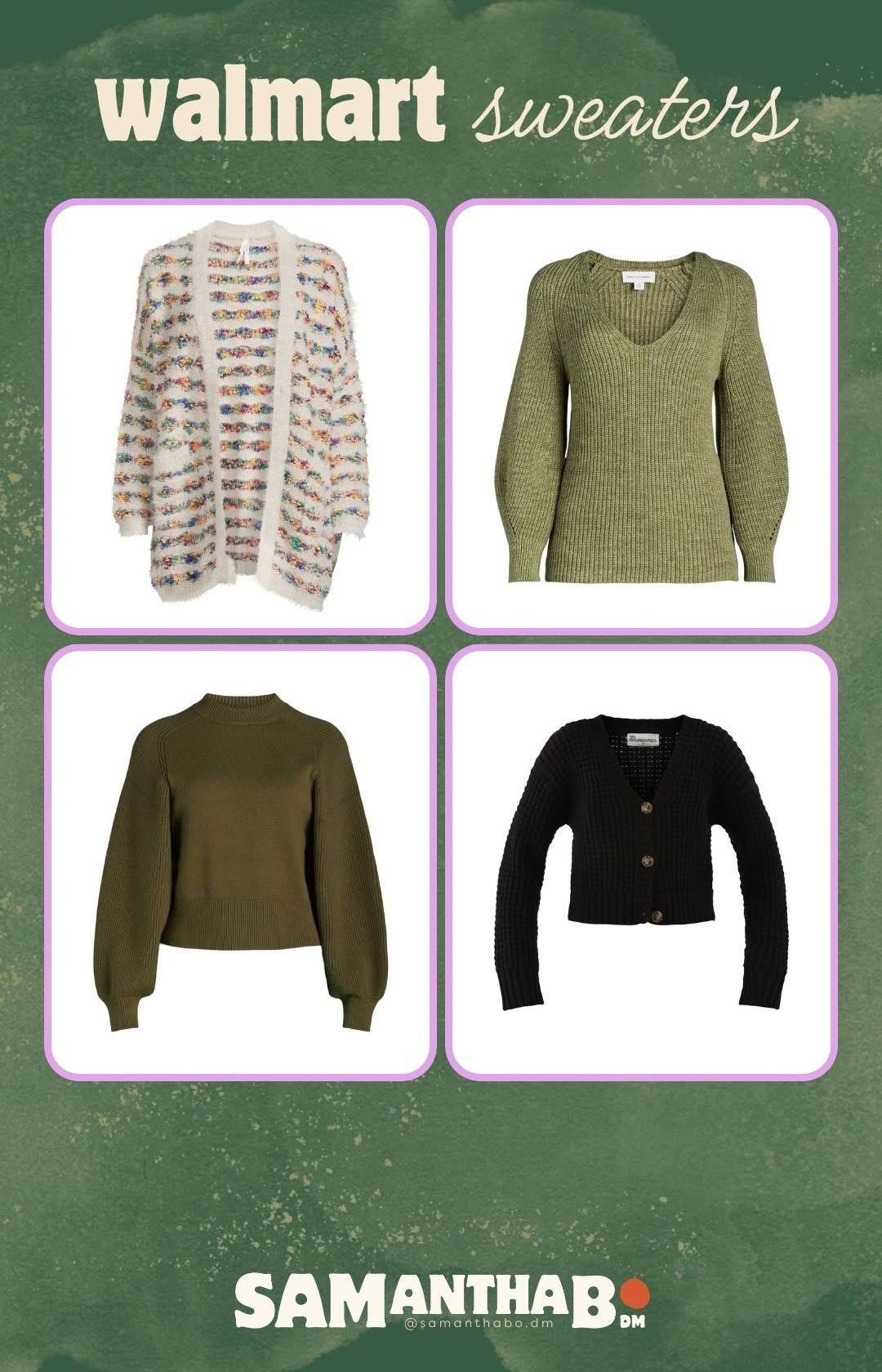 Can't stop buying Walmart sweaters! The quality exceeds the price and with Walmart+ I get them same day delivered or next day (for free!). Even if the item is not stocked in my local store. The rainbow cardigan is mixed media and super soft and 50% off. The puff sleeve v-neck army green sweater is perfect to dress up or down and is on clearance right now for $11. The brown/green cropped sweater is perfect for Thanksgiving and the last one is the softest black cardigan ever! Love the brown buttons. 

 #LTKSeasonal #LTKSaleAlert #LTKFindsUnder50