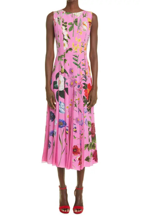 Oscar de la Renta Botanical Print Pleated Midi Dress in Lilac Multi at Nordstrom, Size 10 | Nordstrom
