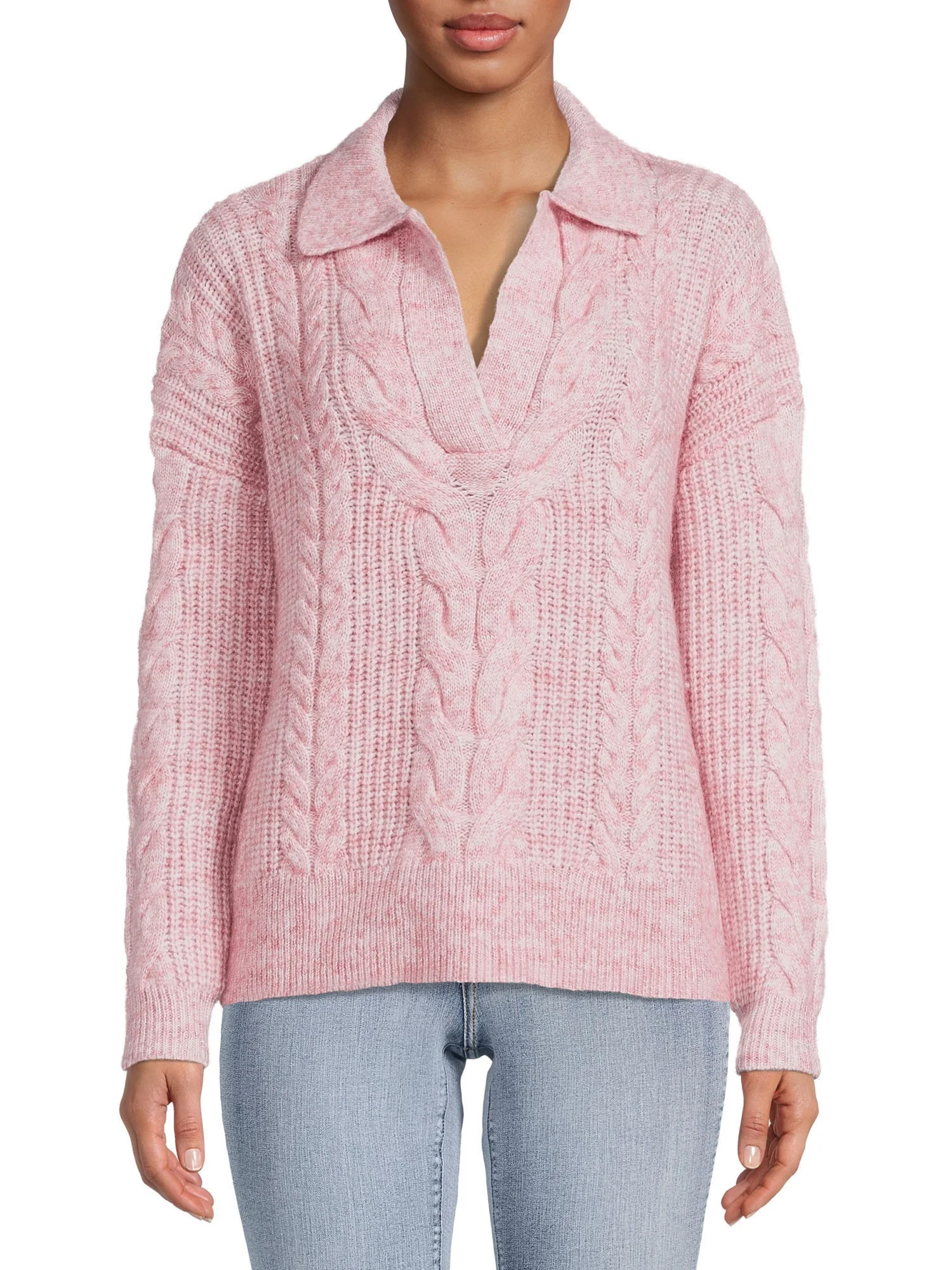 Time and Tru Women's Cable Stitch Polo Sweater - Walmart.com | Walmart (US)