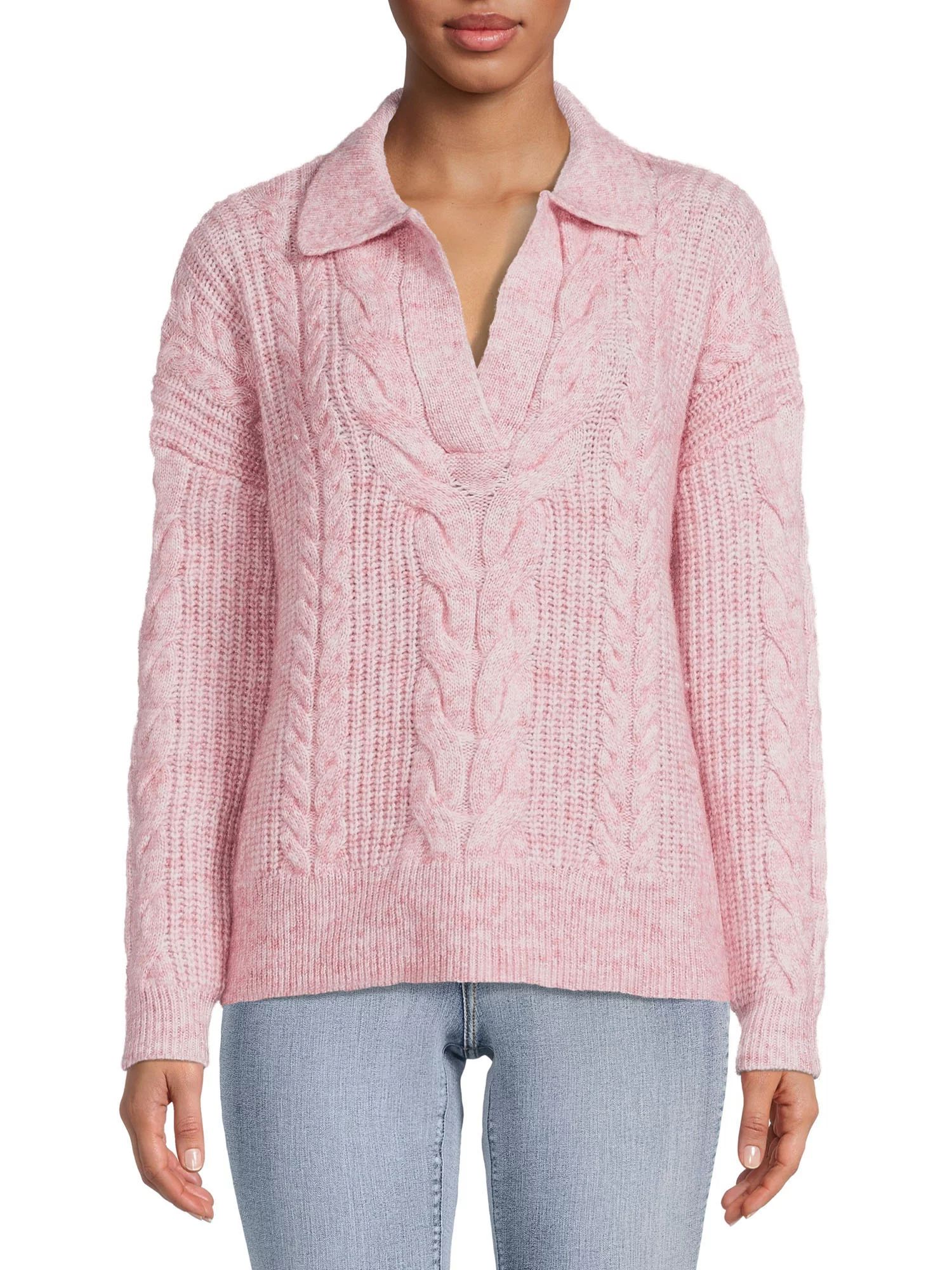 Time and Tru Women's Cable Stitch Polo Sweater | Walmart (US)