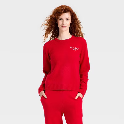 Women's Long Sleeve Cozy Alpine Knit Bouclé Crewneck Pullover Sweater - Universal Thread™ Red XL | Target