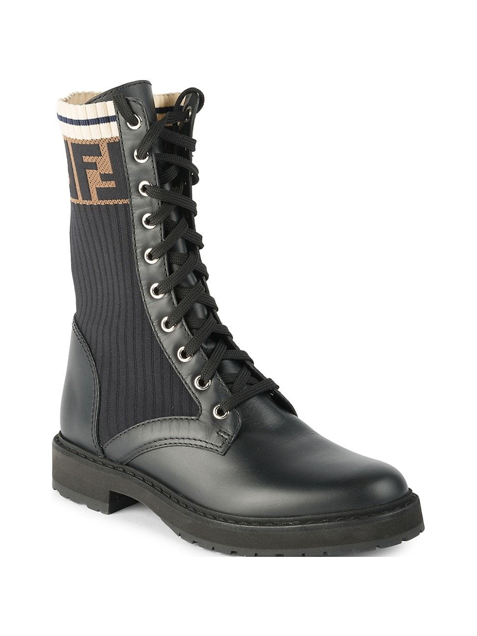 Fendi Women's Rockoko Knit Leather Combat Boots - Black - Size 38 (8) | Saks Fifth Avenue