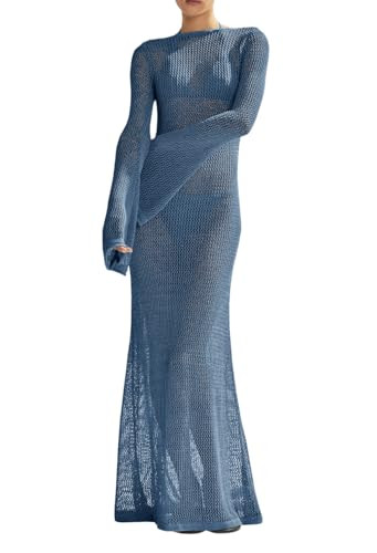 Saodimallsu Womens Crochet Cover Ups Long Sleeve Sexy Mesh Backless Knit Swimsuit Coverup Beach Maxi Dress Navy | Amazon (US)
