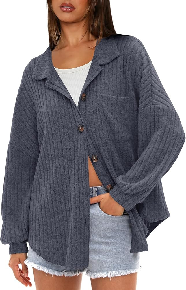 Darong Women’s Tops Button Down Shirts Long Sleeve Shacket Jacket Loose Fit Ribbed Knit Work Fa... | Amazon (US)