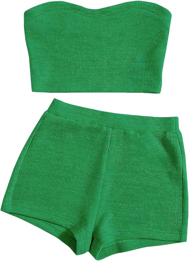 Women's Knitted 2 Piece Outfit Ribbed Crop Top Sleeveless Bandeau Tube Tops and Track Shorts Set | Amazon (US)