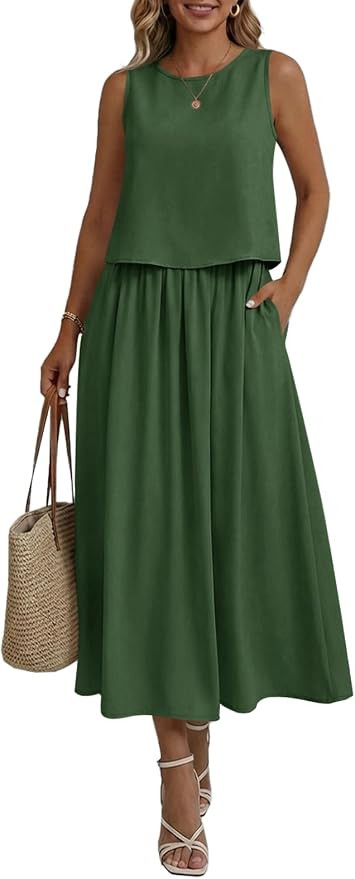 Wenrine Womens Summer 2 Piece Skirt Sets Casual Sleeveless Tank Tops Outfit | Loose,Elastic Waist... | Amazon (US)