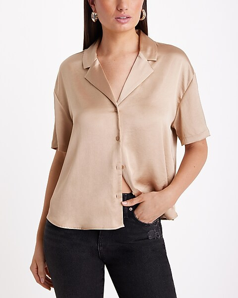 Satin Short Sleeve Button Up Boxy Shirt | Express