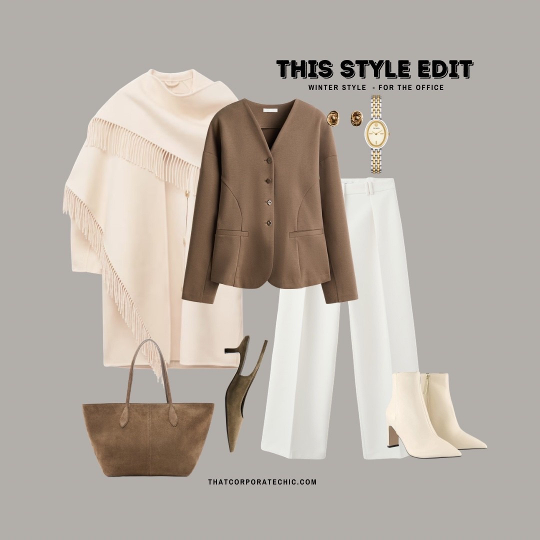 Office style: Winter work style idea 

Knitted blazer + white trousers and white/cream coat, finish the look with white boots or taupe shoes and bag.

#LTKworkwear #LTKwinter #LTKstyletip