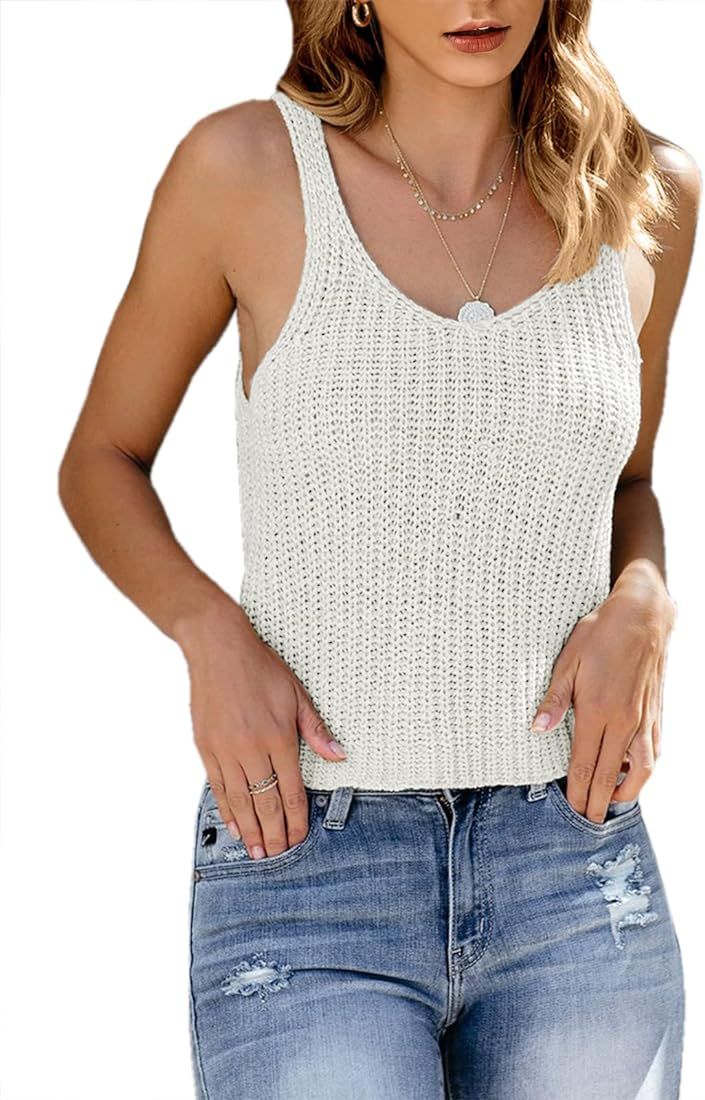 Saodimallsu Womens Summer Sexy Knit Tank Tops Loose Sleeveless Sweater Casual Sheer Ribbed Crop T... | Amazon (US)