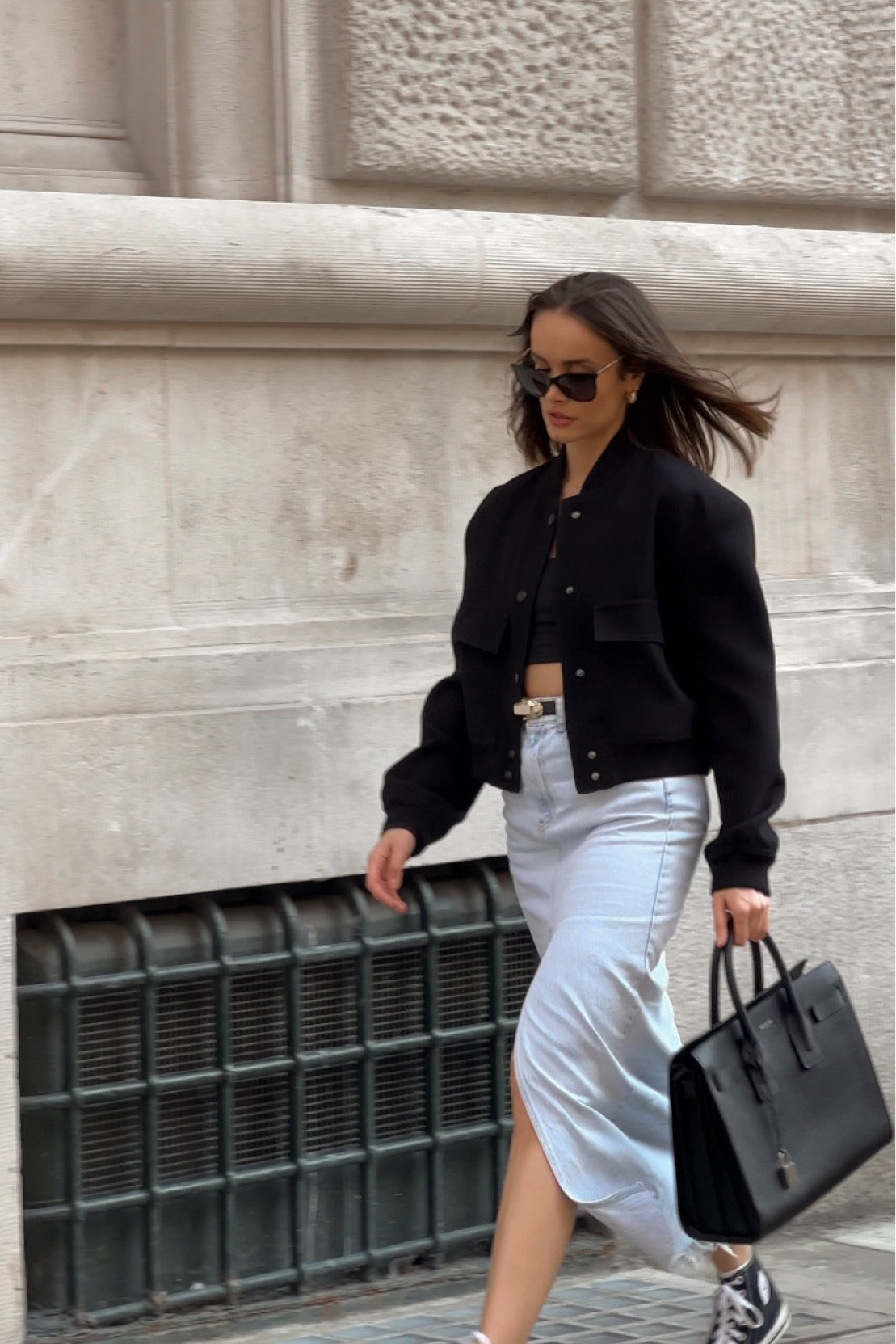 Black bomber jacket, denim slit skirt, black converse, black tote bag, black belt, black tank crop top 

#LTKSeasonal #LTKstyletip #LTKeurope