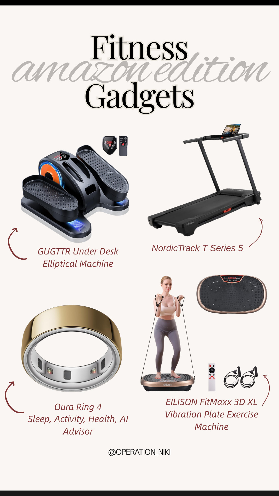 Making consistent progress on your health journey is all about having the right tools to make movement effortless and insightful. Utilizing smart gadgets simplifies staying active and tracks your wins, making your daily routine feel completely optimized. ✨

This roundup showcases the best fitness gear found on Amazon. I’m highlighting the GUGTTR under-desk elliptical, the classic NordicTrack T Series 5 treadmill, the aesthetic Oura Ring 4 for comprehensive health tracking, and the versatile EILISON FitMaxx vibration plate. Whether you're in a cardio zone or monitoring your sleep and recovery, these finds have you covered.

Shop this entire fitness tech lineup linked below! 🛒

Follow for more @OPERATION_NIKI on IG, TikTok, & Facebook

#AmazonFinds #FitnessGadgets #HomeGym #OperationNiki #OuraRing #ActiveLife #AmazonHome #FitnessTech #HealthJourney #ShoppingHaul

#LTKfitnessgoals #LTKActive #LTKHome