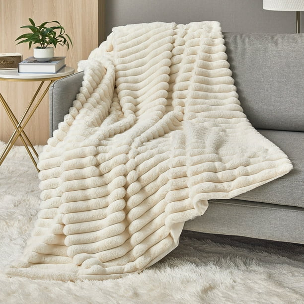 Topfinel Luxury Striped Solid Faux Rabbit Fur Flannel Throw Blanket, 50 x 60 inches, White - Walm... | Walmart (US)