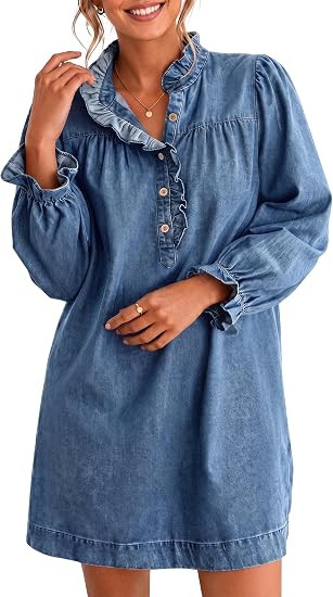 Flowyair Womens Long Sleeve Denim Dress Half Button Ruffle Mini Dresses | Amazon (US)